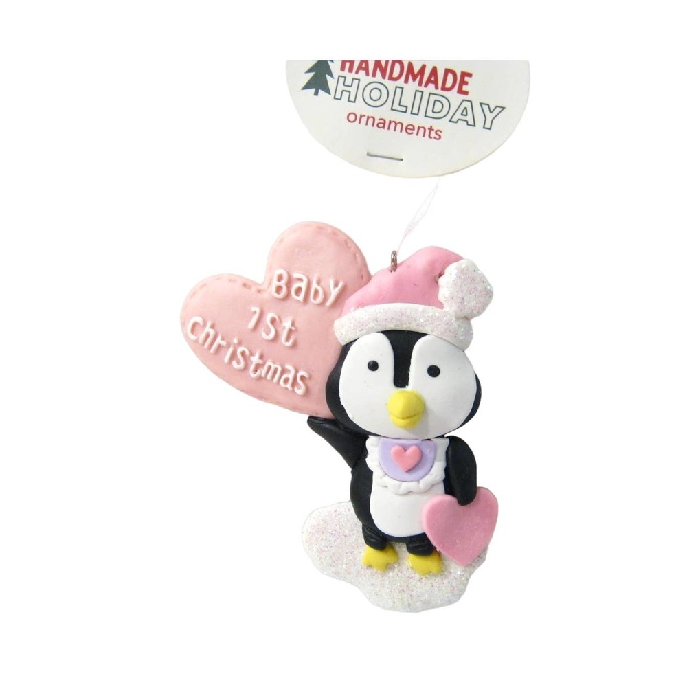 Baby's First Christmas Pink Penguin Hearts 4 inch Christmas Tree Ornament - Picture 1 of 3